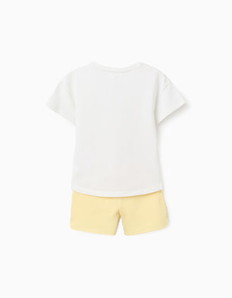 T-shirt with starfish print + shorts in cotton for girls, white/yellow
