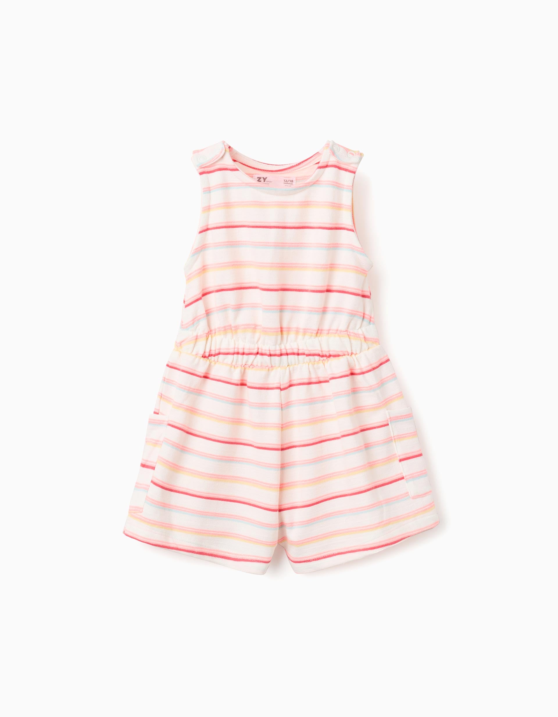 Striped cotton playsuit with cargo pockets for baby girls, multicolour