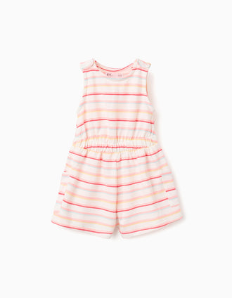 Macacão curto de algodão às riscas com bolsos para bebé menina, multicolor