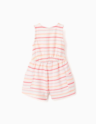 Macacão curto de algodão às riscas com bolsos para bebé menina, multicolor