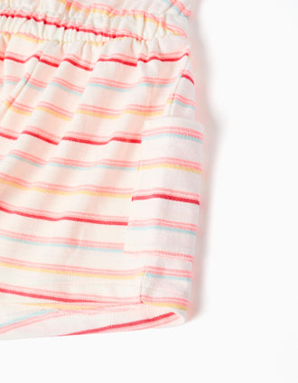 Macacão curto de algodão às riscas com bolsos para bebé menina, multicolor