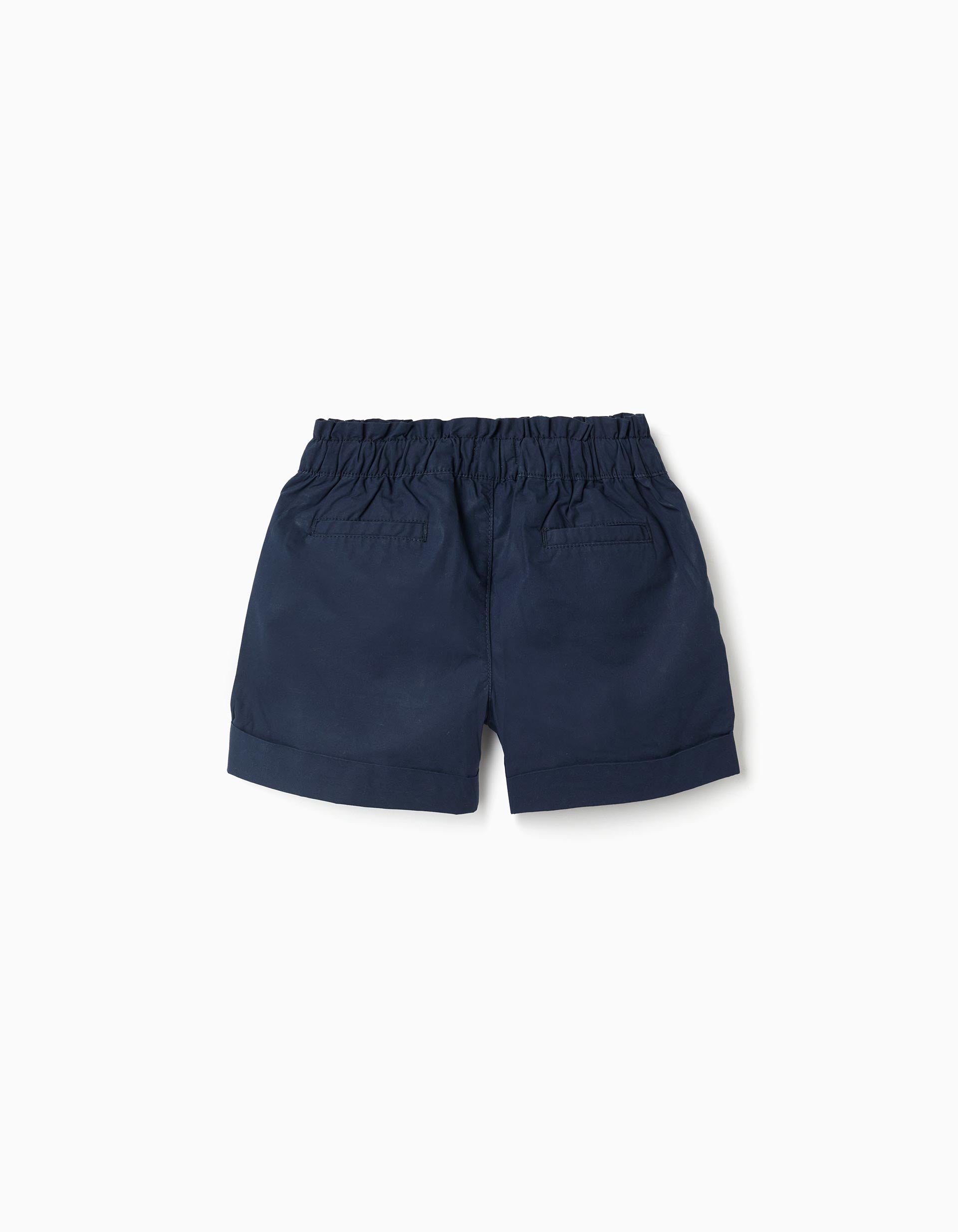 Short en popeline avec taille paperbag et plis pour fille, bleu foncé