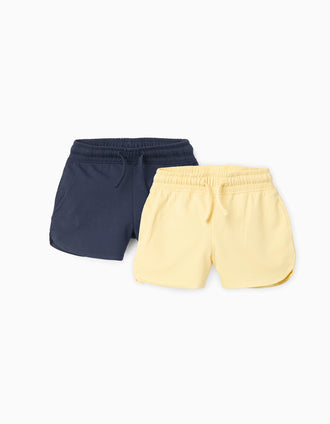 2 pantalones cortos de algodón con cordón para niña, amarillo/azul oscuro