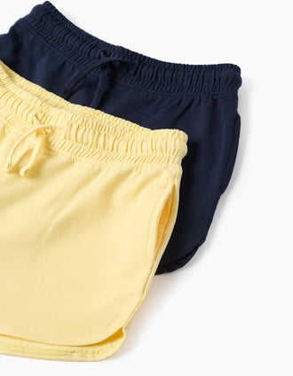 2 pantalones cortos de algodón con cordón para niña, amarillo/azul oscuro
