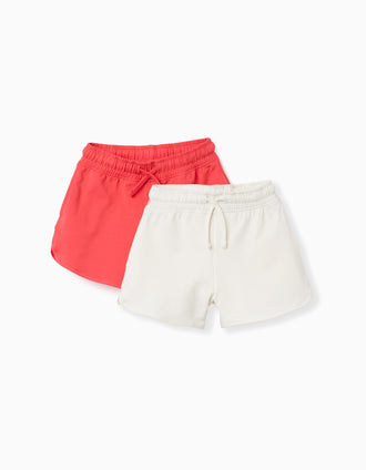 2 pantalones cortos de algodón con cordón para niña, coral/blanco