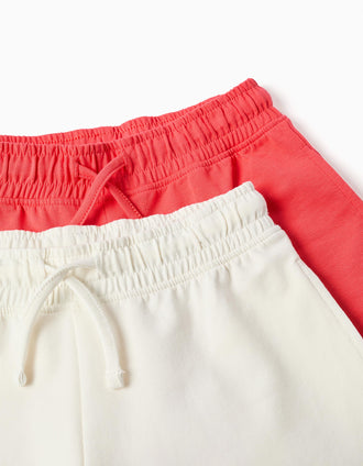 2 pantalones cortos de algodón con cordón para niña, coral/blanco