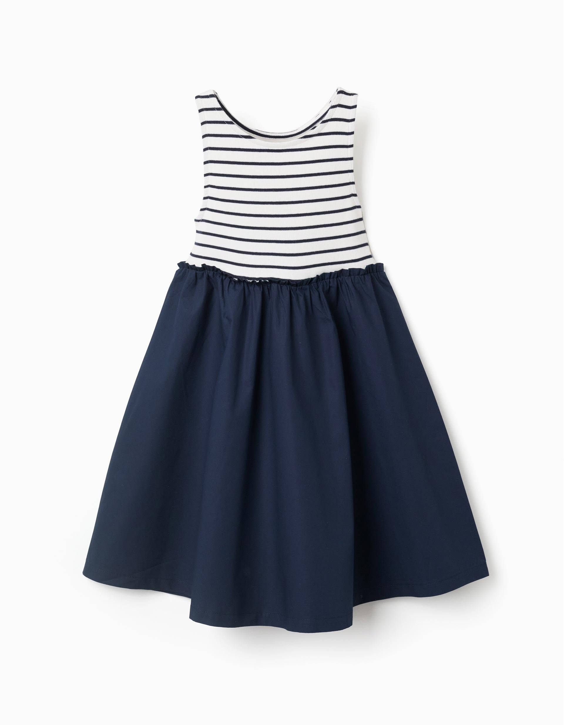 Sleeveless dual-fabric dress with stripes for girls, dark blue/white