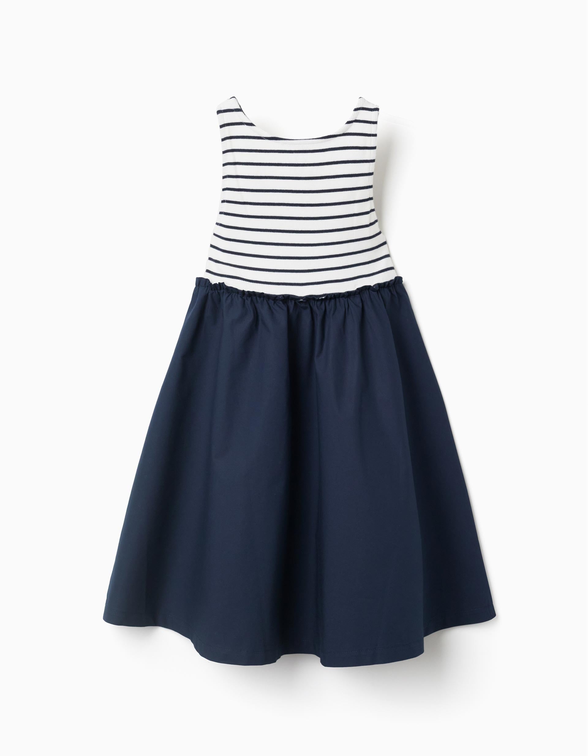 Sleeveless dual-fabric dress with stripes for girls, dark blue/white