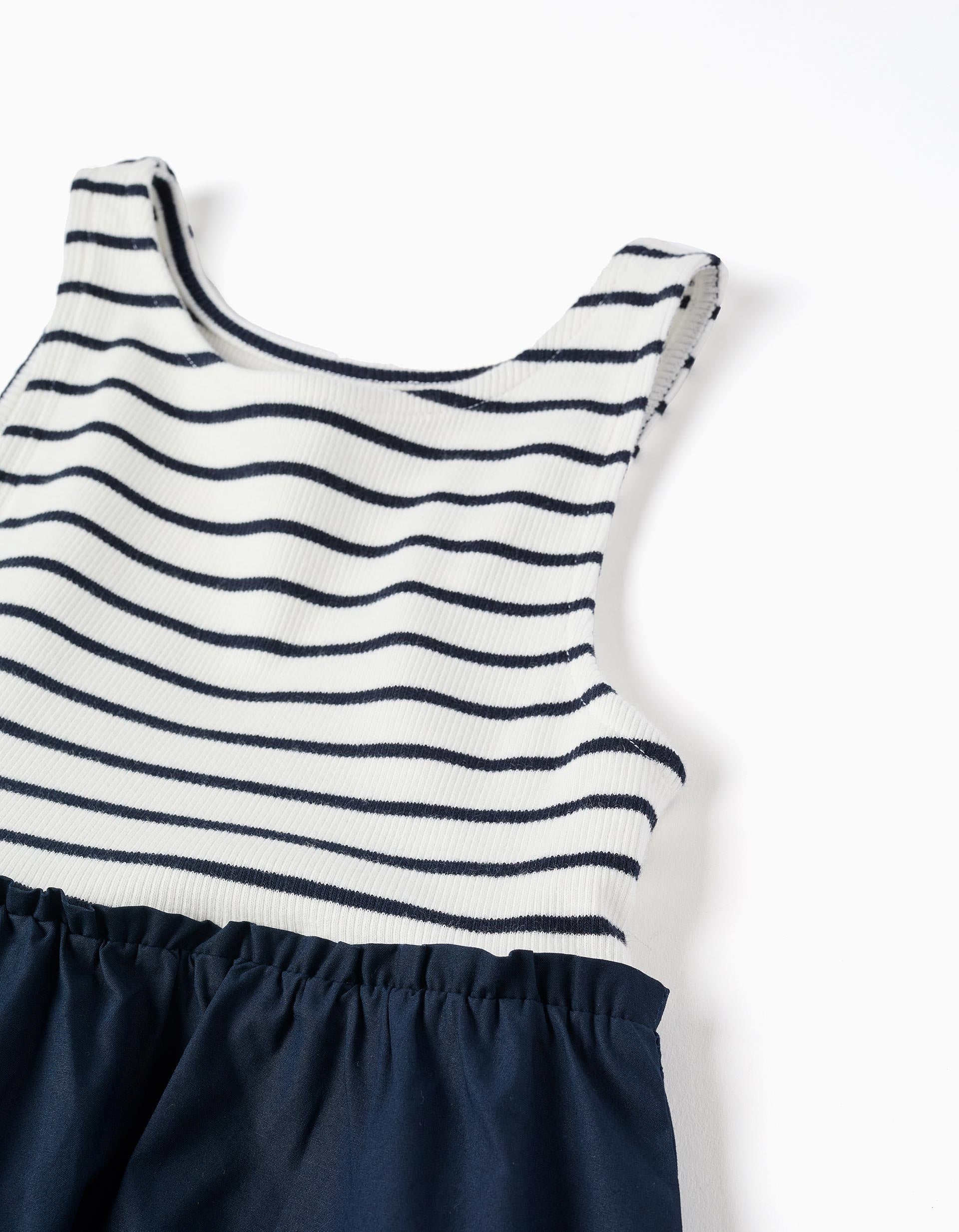 Sleeveless dual-fabric dress with stripes for girls, dark blue/white