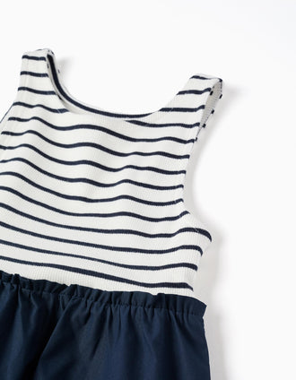 Sleeveless dual-fabric dress with stripes for girls, dark blue/white