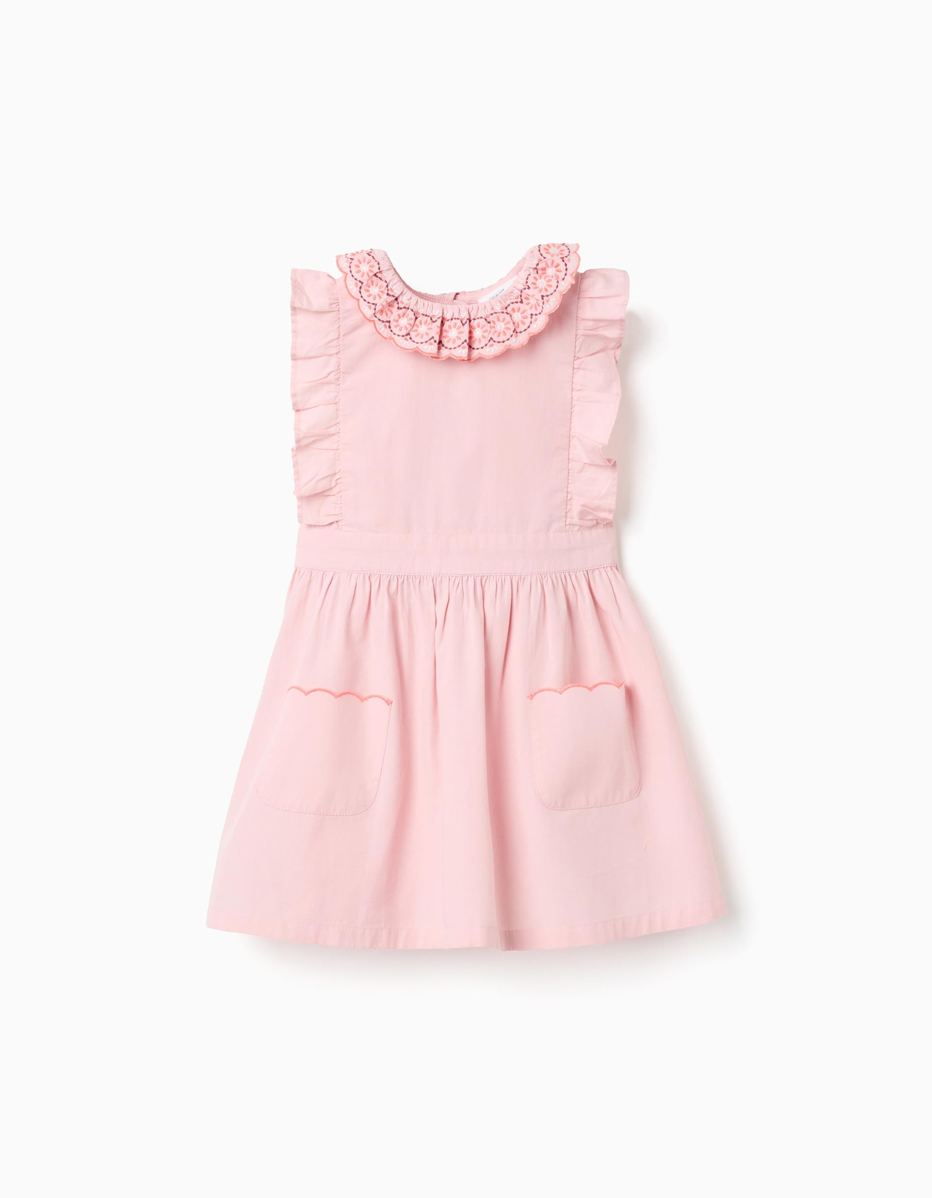 Vestido de popeline com gola e mangas com folhos para bebé menina, rosa