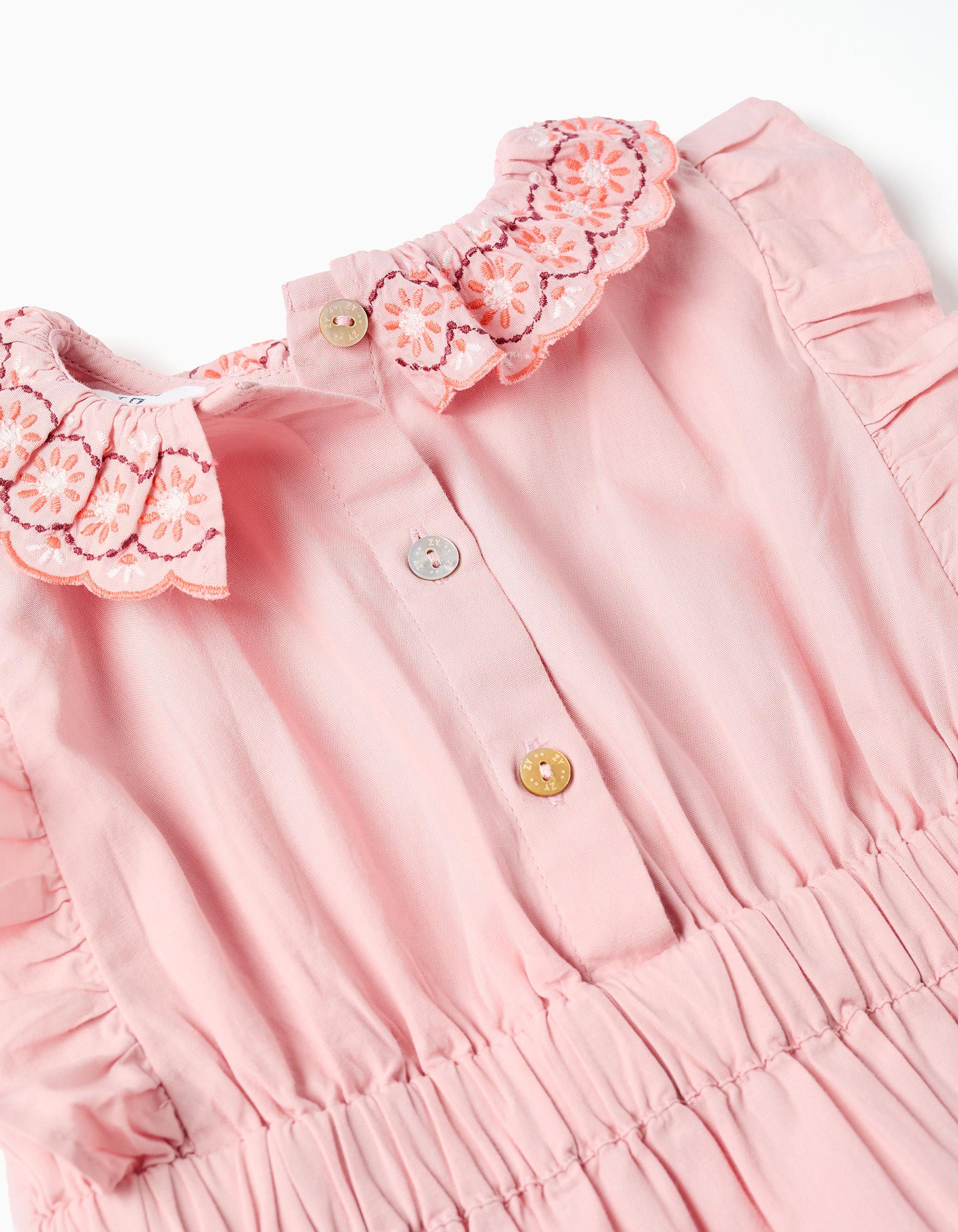 Vestido de popeline com gola e mangas com folhos para bebé menina, rosa