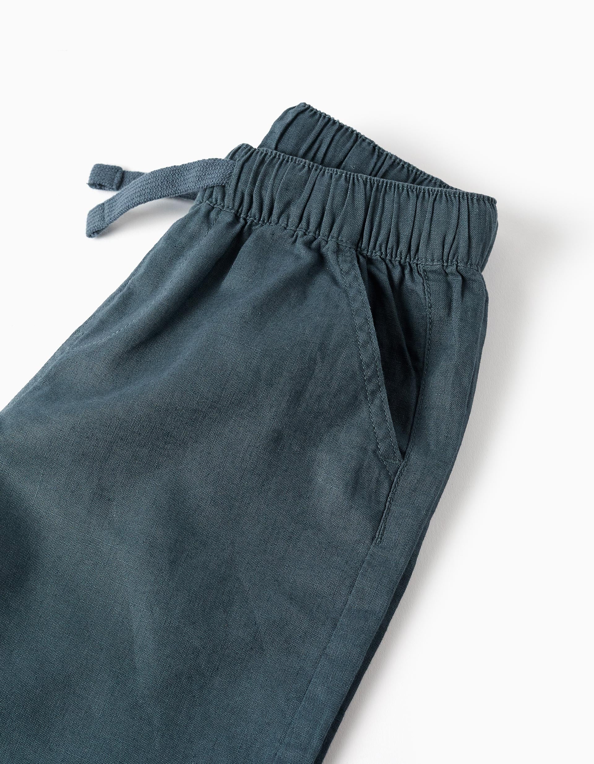 Calções midi em linho e algodão com cordão para menino, azul-cinza