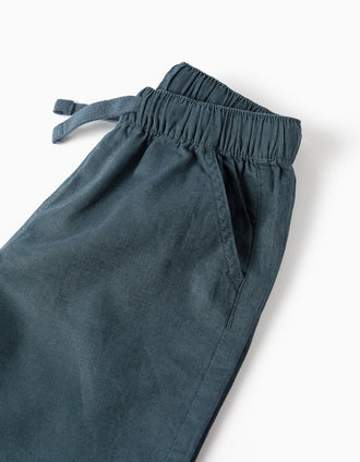 Calções midi em linho e algodão com cordão para menino, azul-cinza