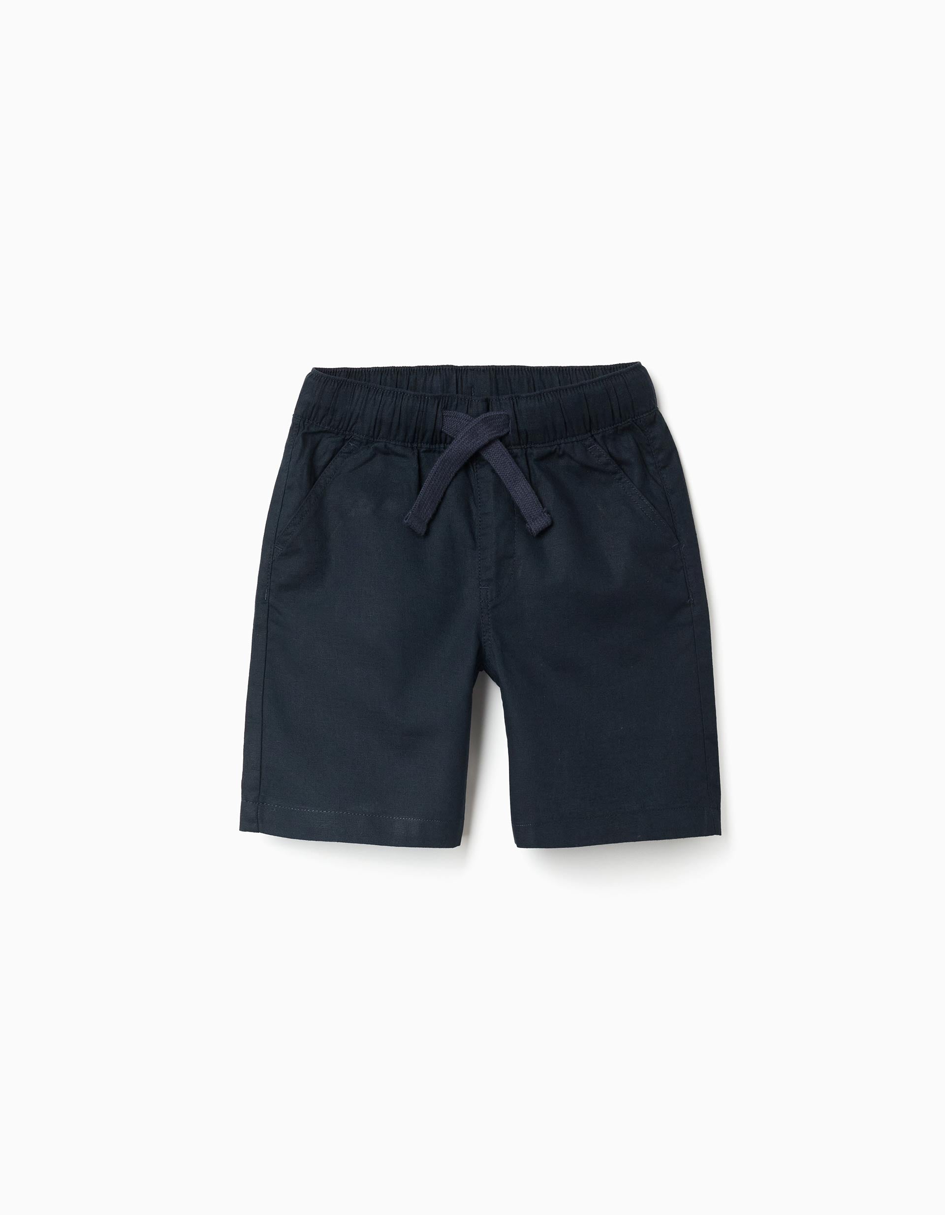 Calções midi em linho e algodão com cordão para menino, azul-escuro