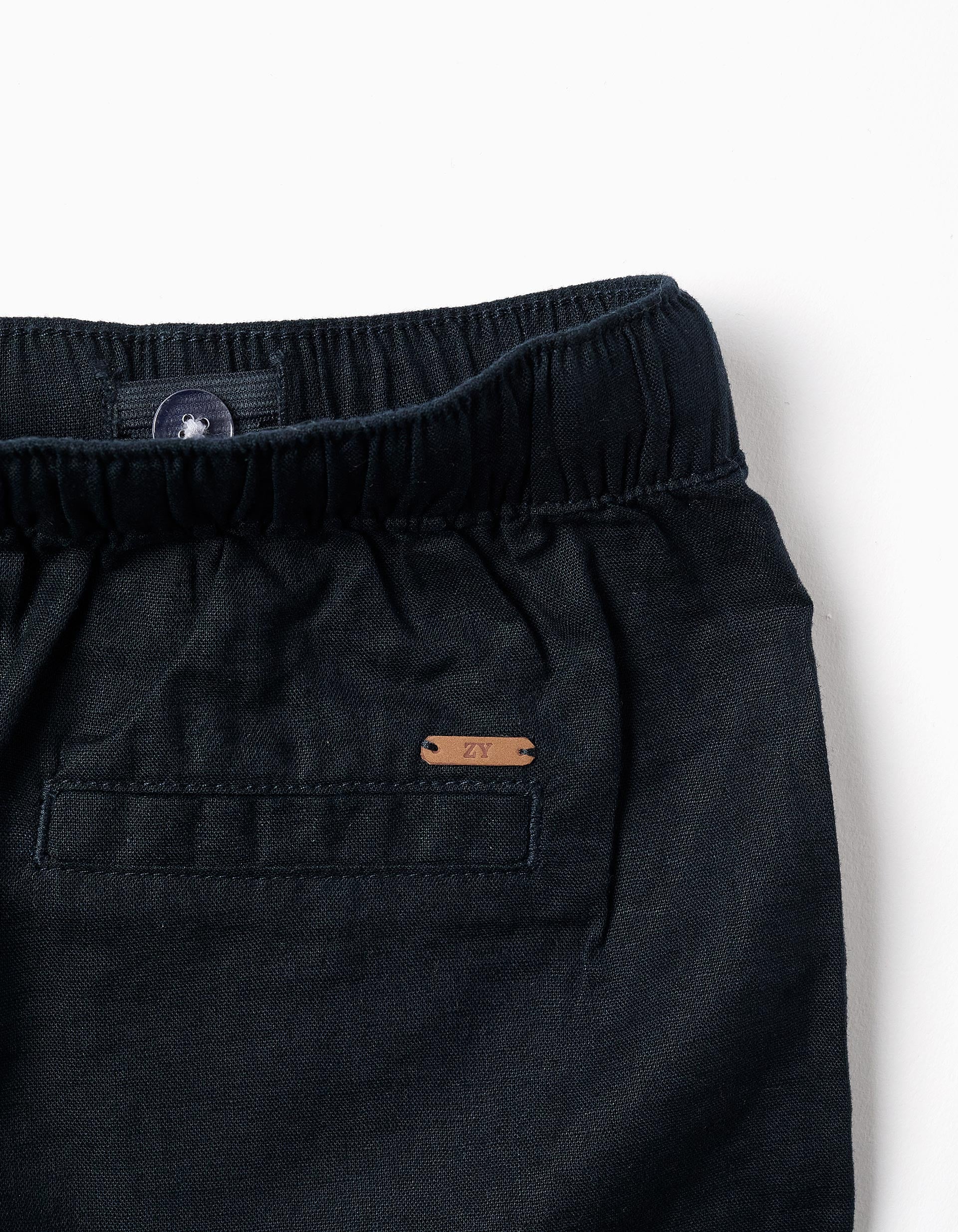 Calções midi em linho e algodão com cordão para menino, azul-escuro