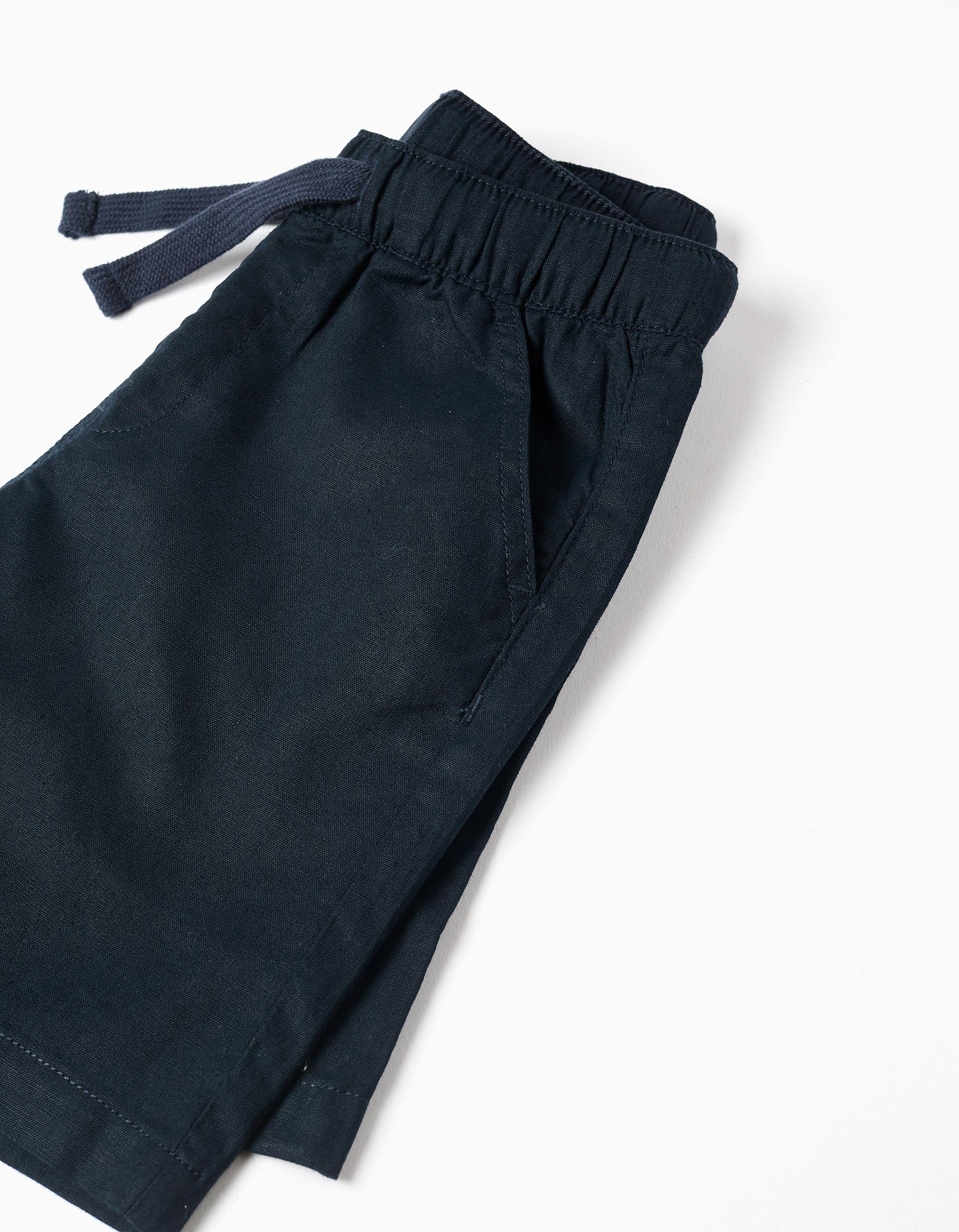 Calções midi em linho e algodão com cordão para menino, azul-escuro