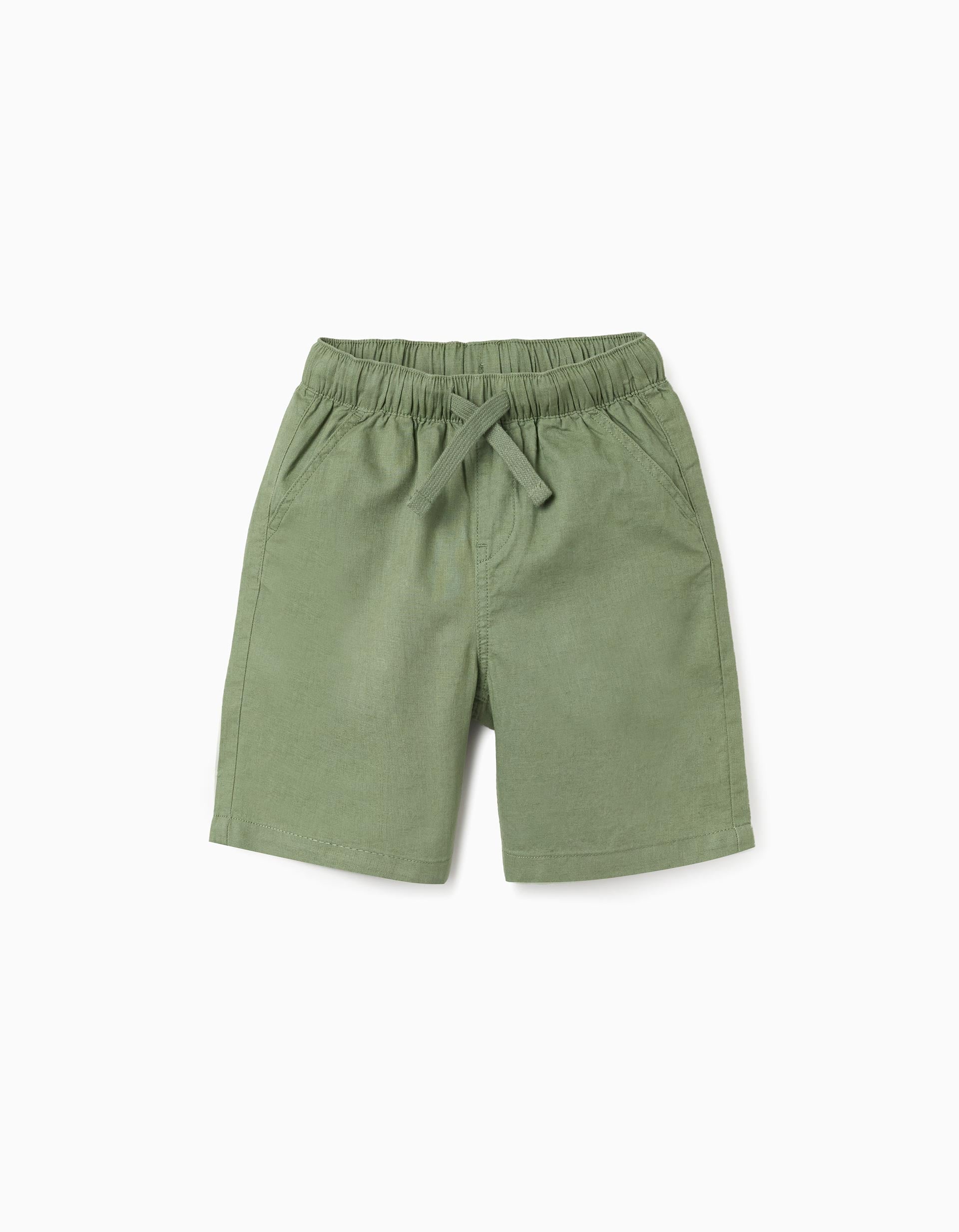 Calções midi em linho e algodão com cordão para menino, verde