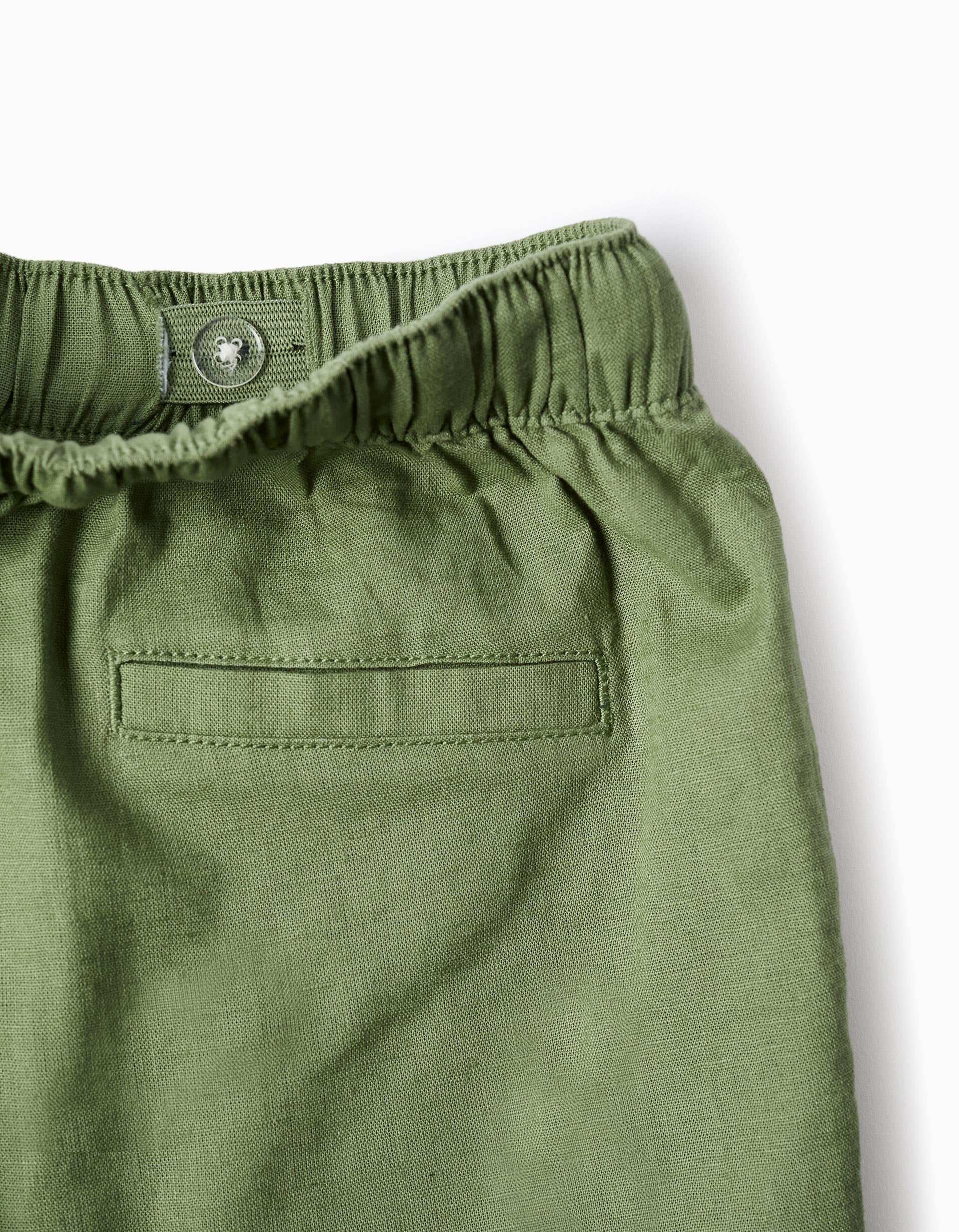 Calções midi em linho e algodão com cordão para menino, verde