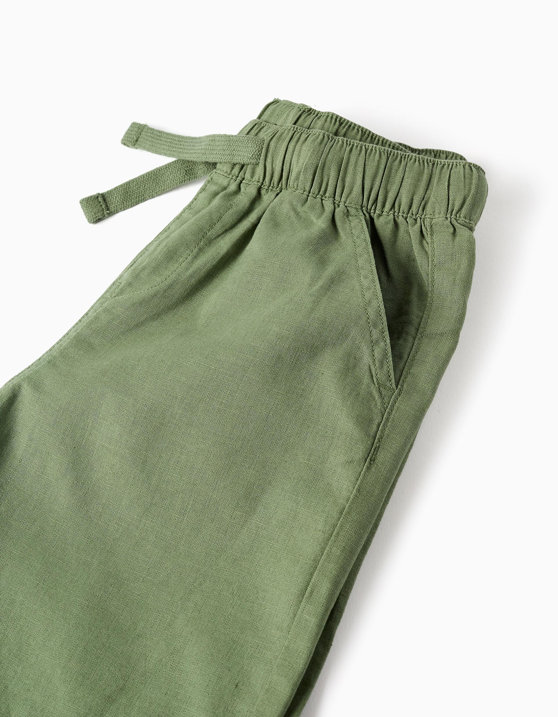 Calções midi em linho e algodão com cordão para menino, verde