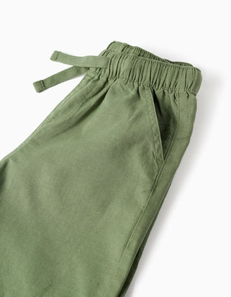 Calções midi em linho e algodão com cordão para menino, verde
