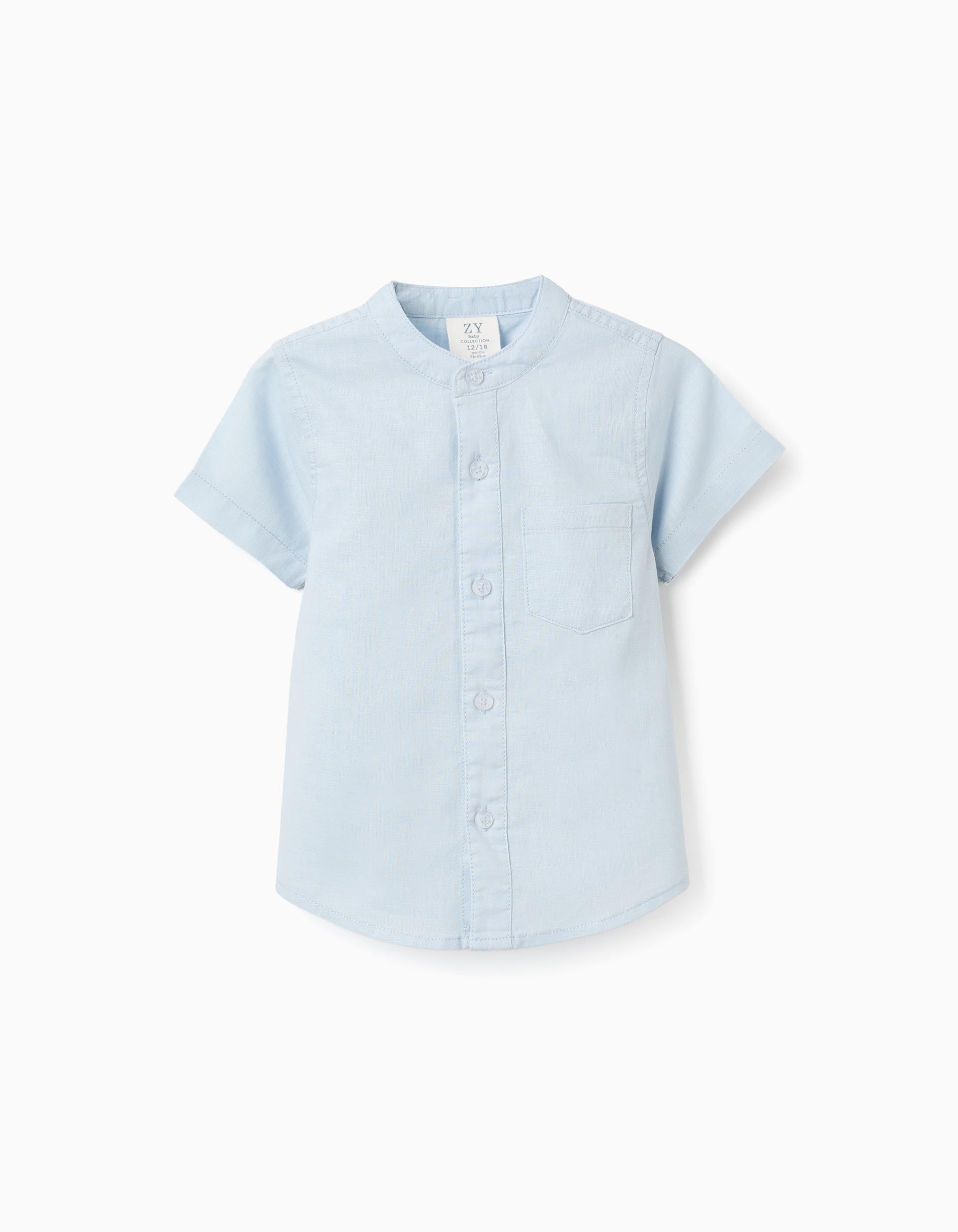 Linen and cotton short sleeve shirt with pocket for baby boys, light blue