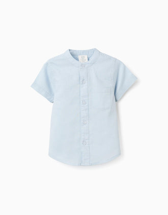 Camisa de linho e algodão com bolso para bebé menino, azul-claro