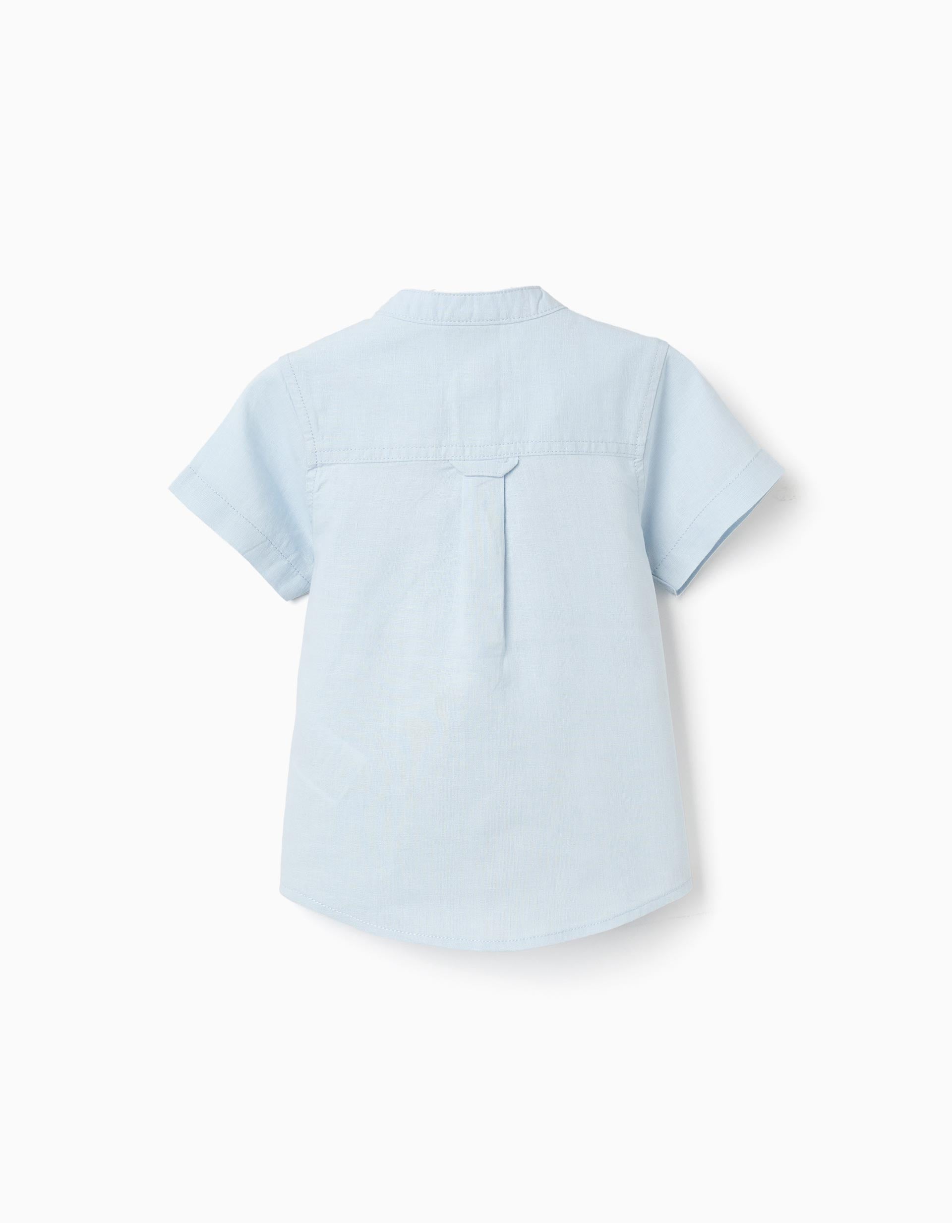 Linen and cotton short sleeve shirt with pocket for baby boys, light blue