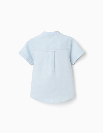 Camisa de linho e algodão com bolso para bebé menino, azul-claro