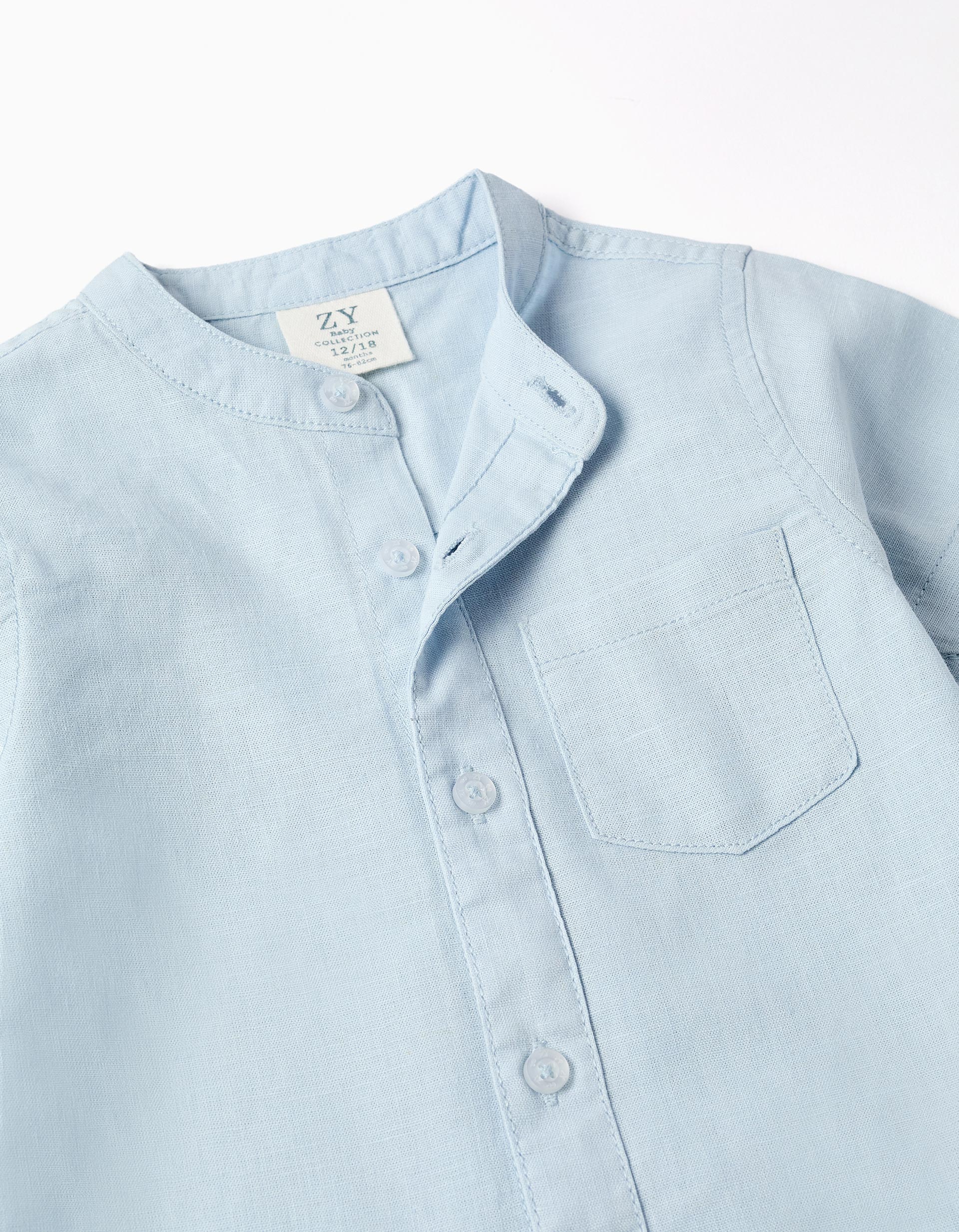 Linen and cotton short sleeve shirt with pocket for baby boys, light blue