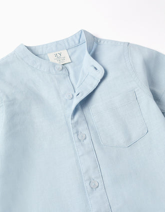Camisa de linho e algodão com bolso para bebé menino, azul-claro