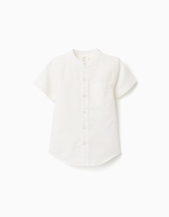 Camisa de lino y algodón con bolsillo para bebé niño, blanco