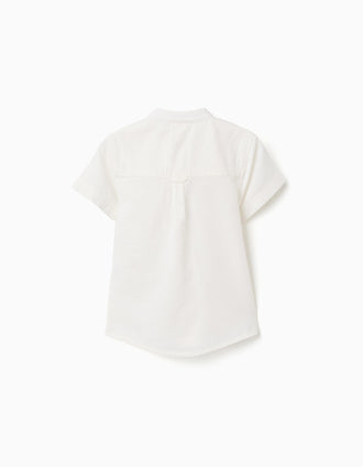 Camisa de lino y algodón con bolsillo para bebé niño, blanco