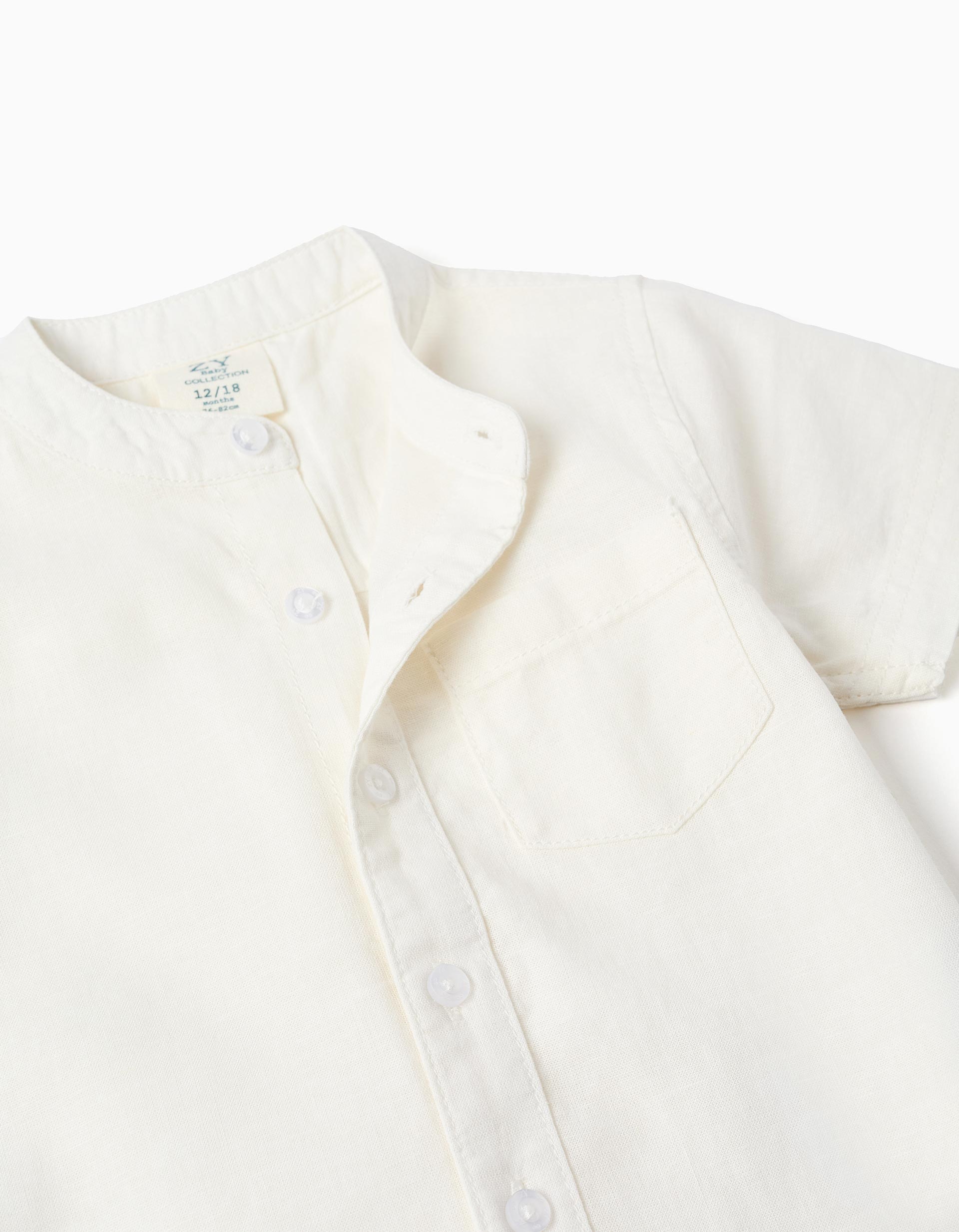 Linen and cotton short sleeve shirt with pocket for baby boys, white