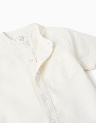 Camisa de lino y algodón con bolsillo para bebé niño, blanco