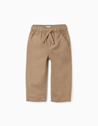 Pantalón baggy de lino con cordón para bebé niño, beige oscuro