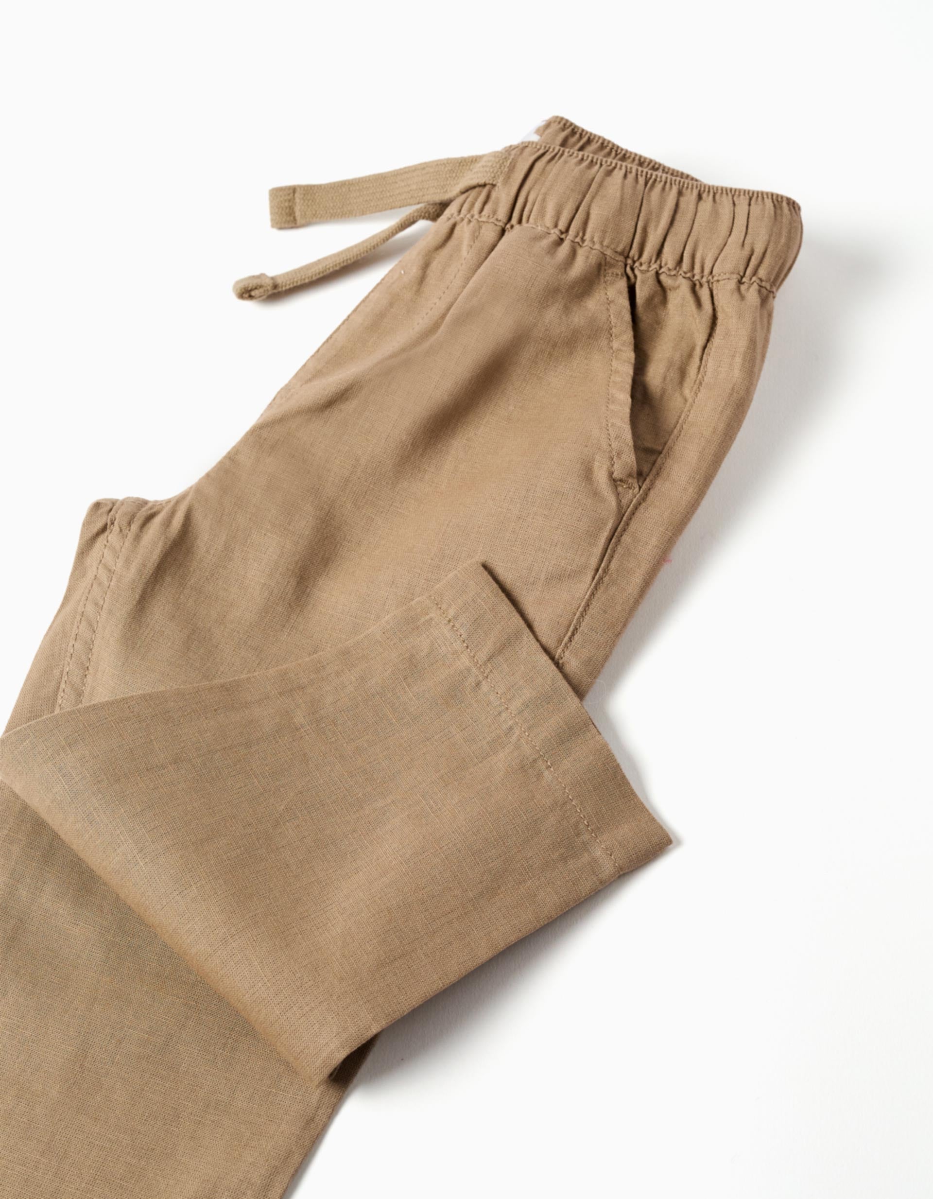 Pantalon en lin avec cordon de serrage pour bébé garçon, beige foncé