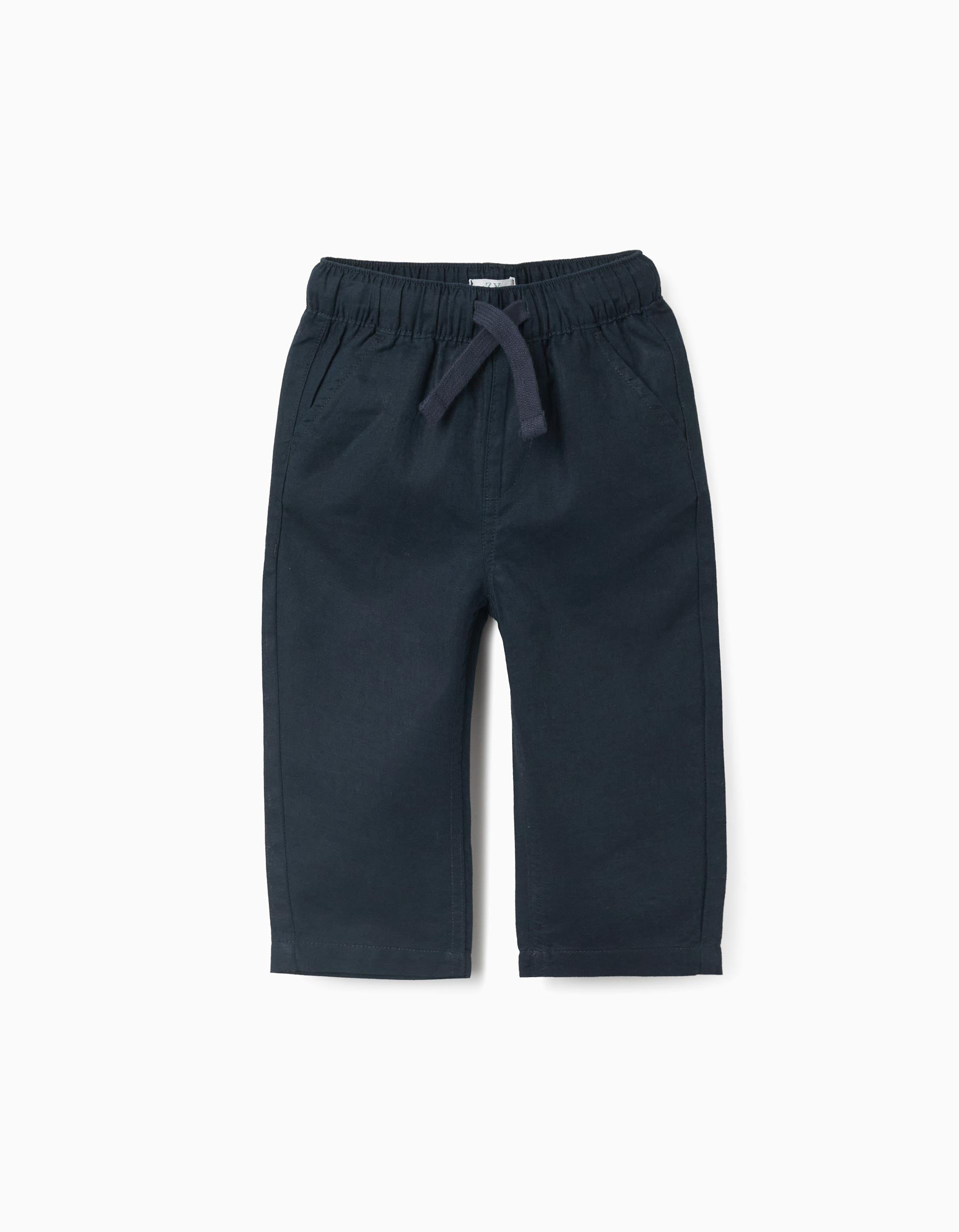 Calças baggy de linho com cordão para bebé menino, azul-escuro