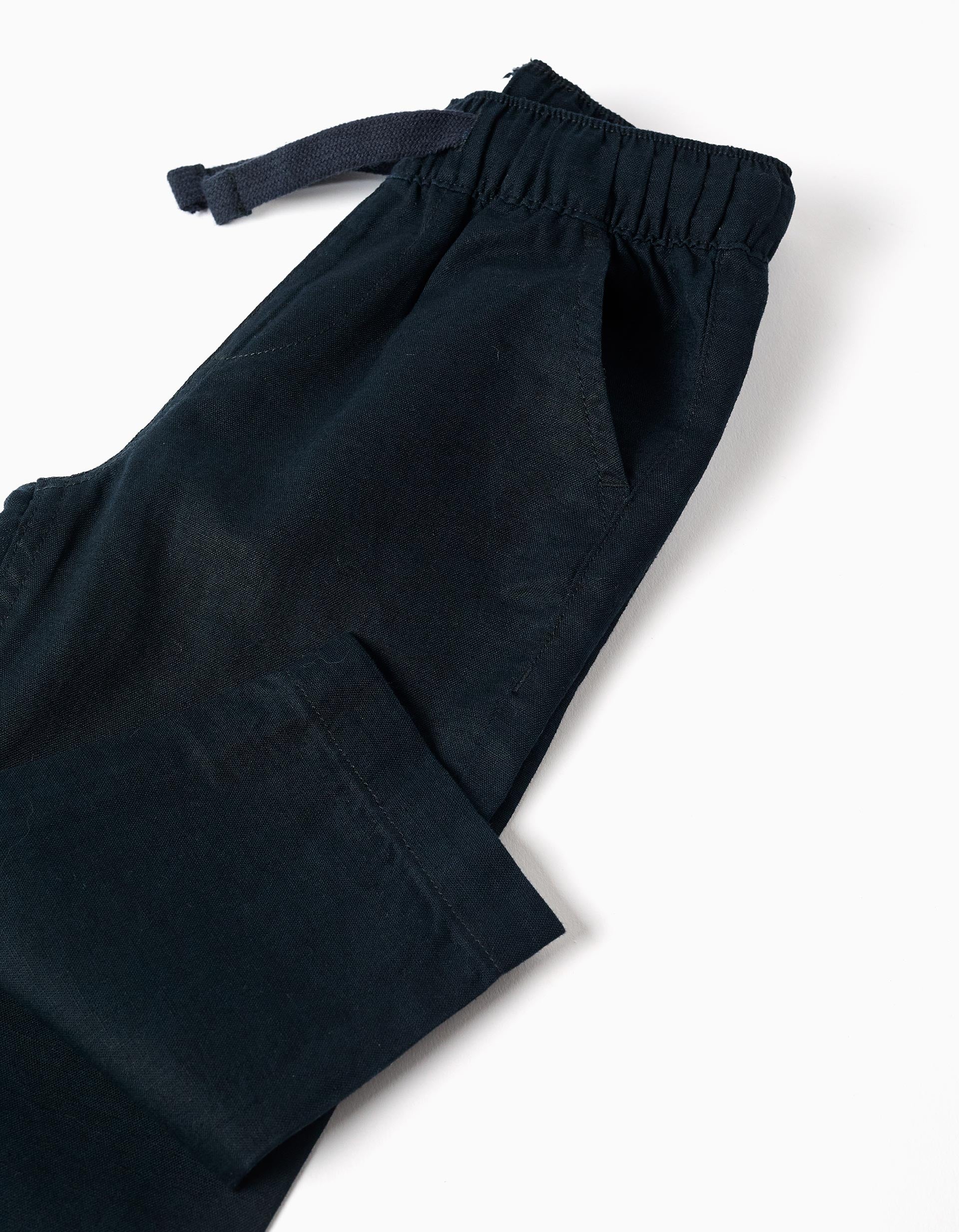 Calças baggy de linho com cordão para bebé menino, azul-escuro