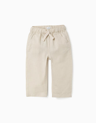 Baggy linen trousers with drawstring for baby boys, light beige