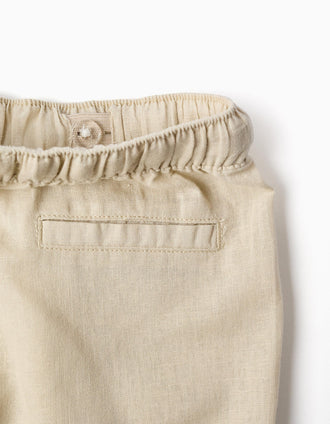 Baggy linen trousers with drawstring for baby boys, light beige