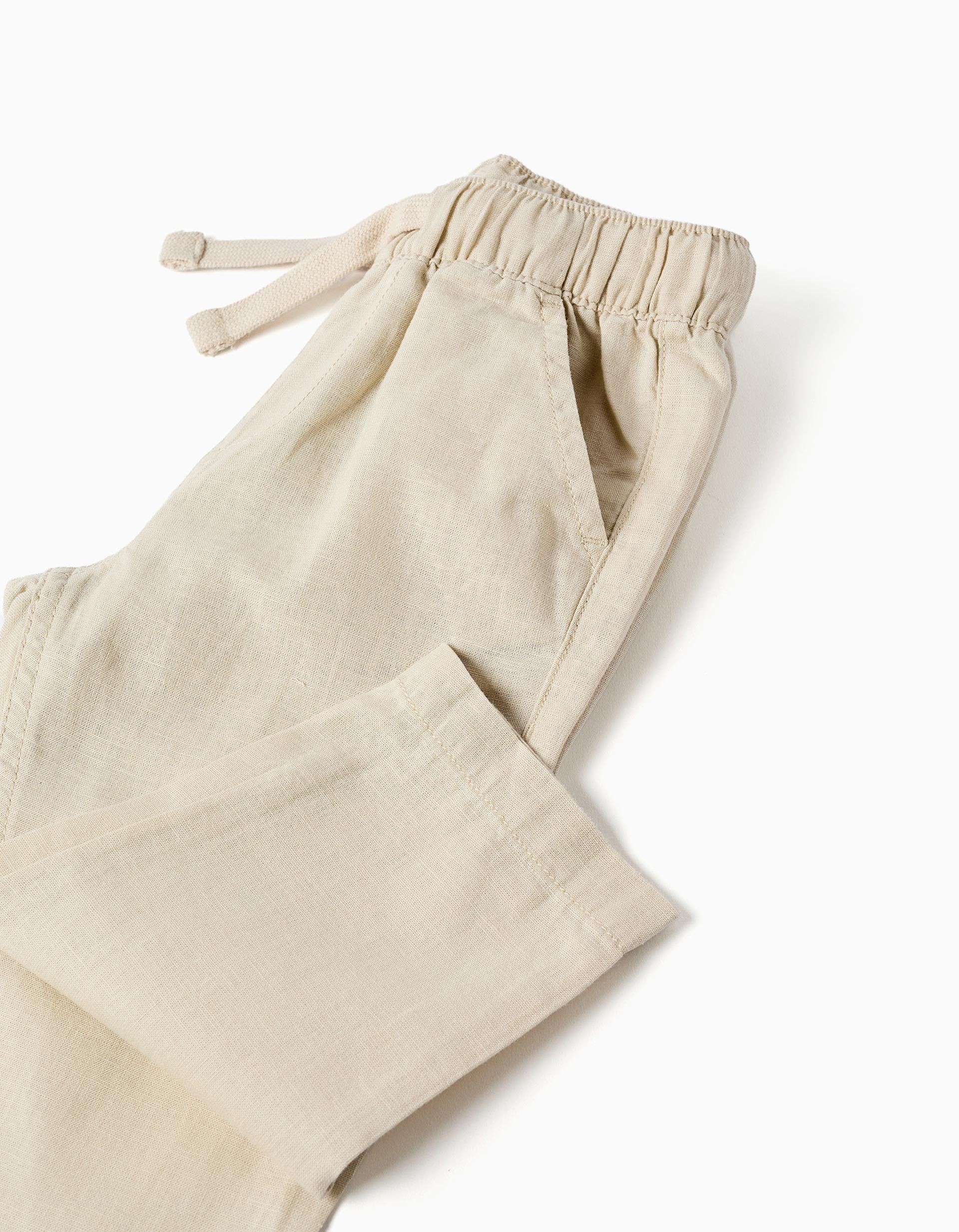 Calças baggy de linho com cordão para bebé menino, bege-claro