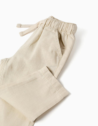 Baggy linen trousers with drawstring for baby boys, light beige