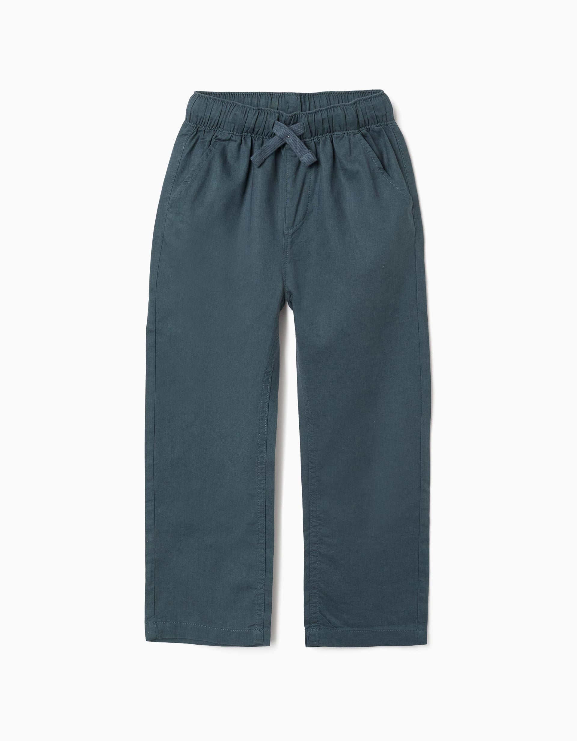 Calças de linho retas com cordão para menino, azul-cinza