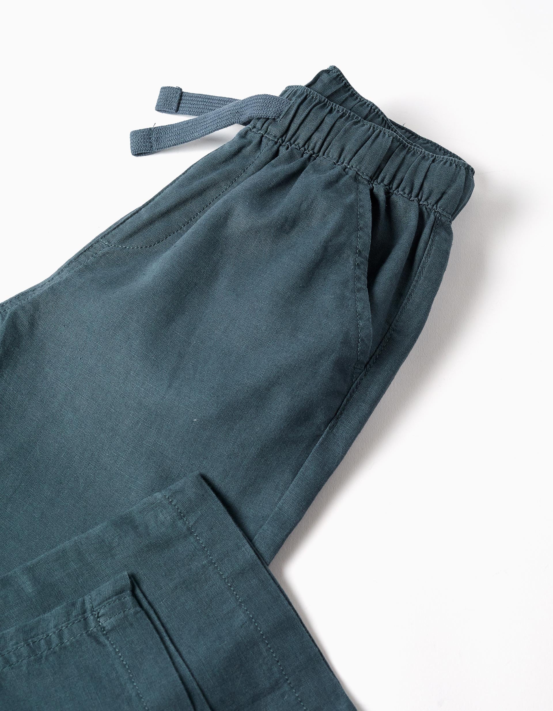 Calças de linho retas com cordão para menino, azul-cinza