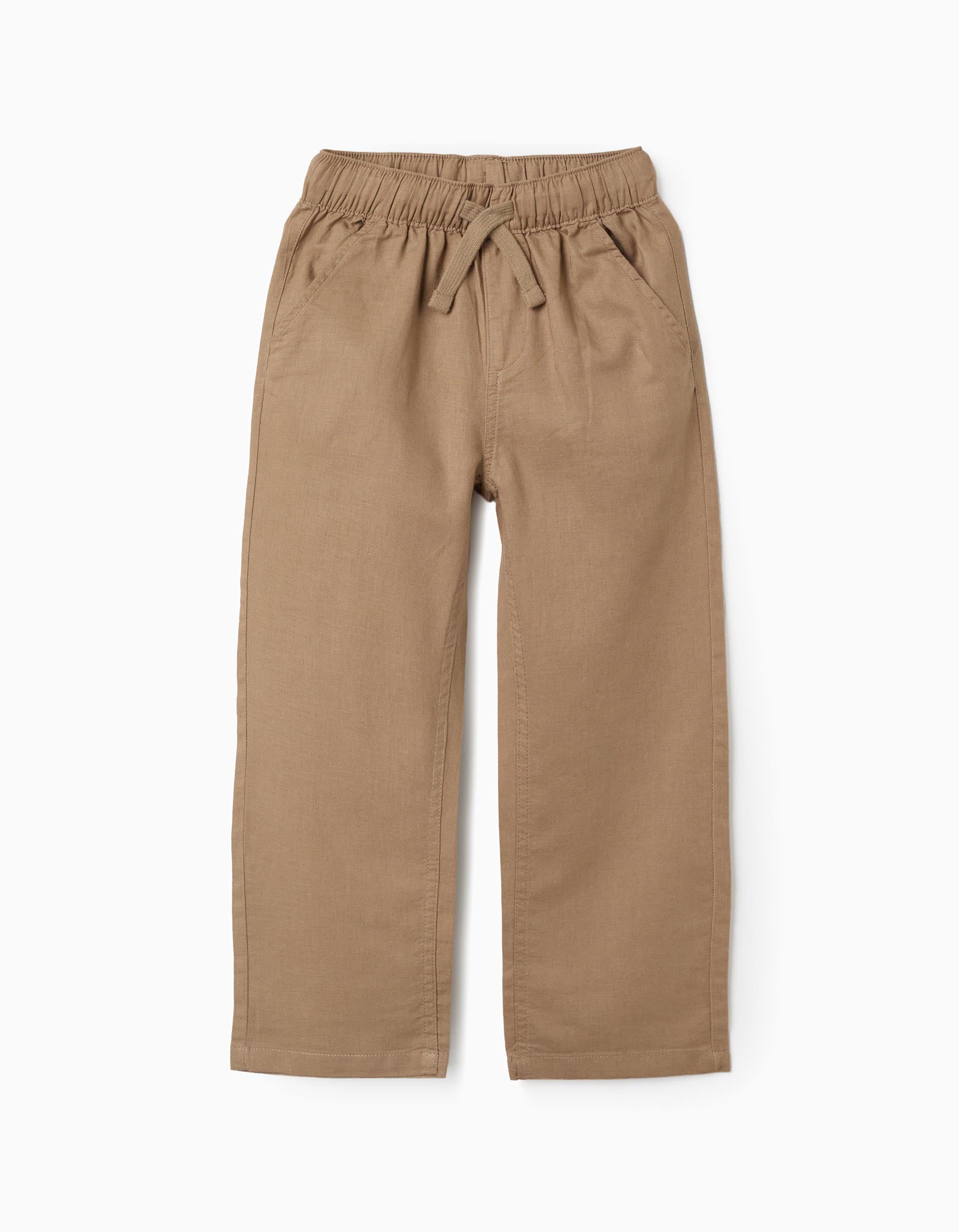 Pantalón recto de lino con cordón para niño, beige oscuro