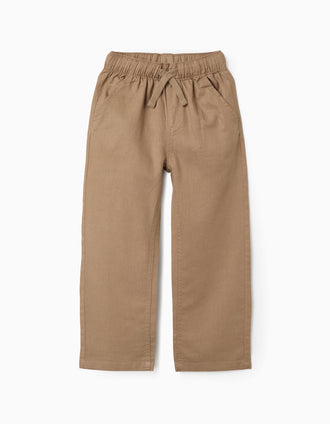 Pantalón recto de lino con cordón para niño, beige oscuro