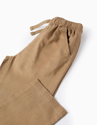 Pantalón recto de lino con cordón para niño, beige oscuro