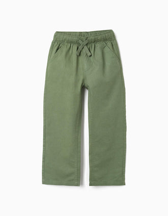 Calças de linho retas com cordão para menino, verde