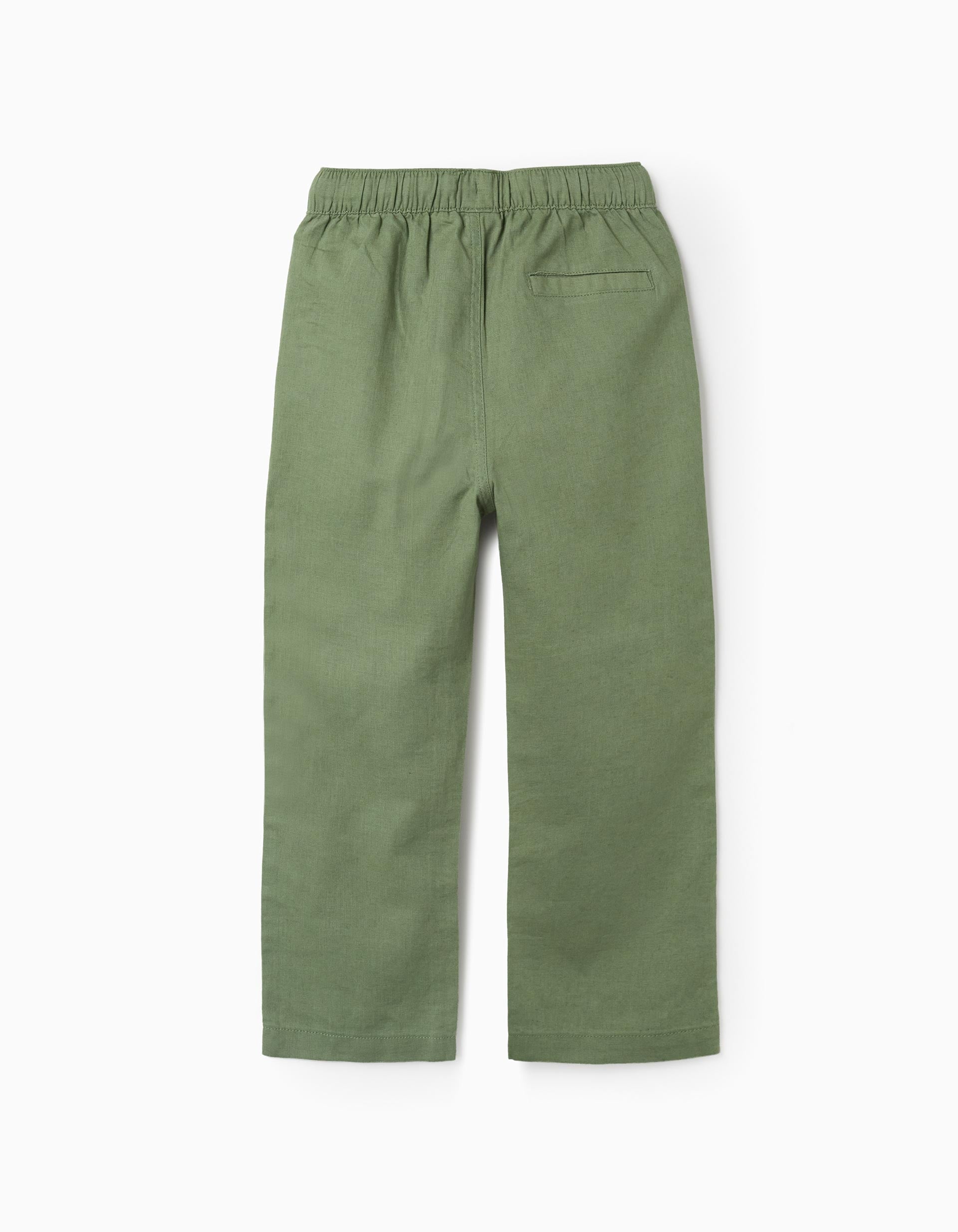 Calças de linho retas com cordão para menino, verde